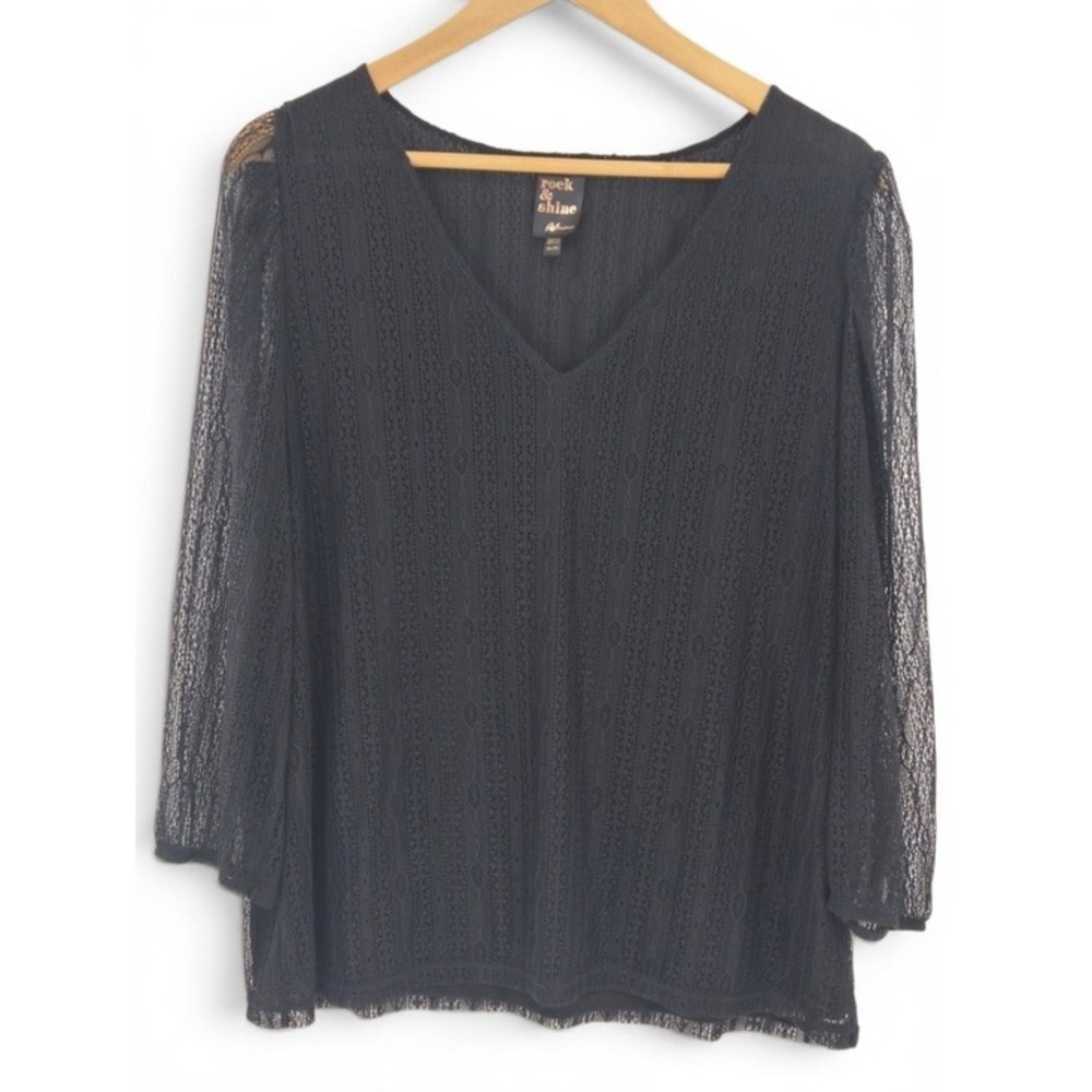 Rock & Shine Blouse Women XL Black Lace V-Neck Sheer 3/4 Sleeve Lined Top Gothic